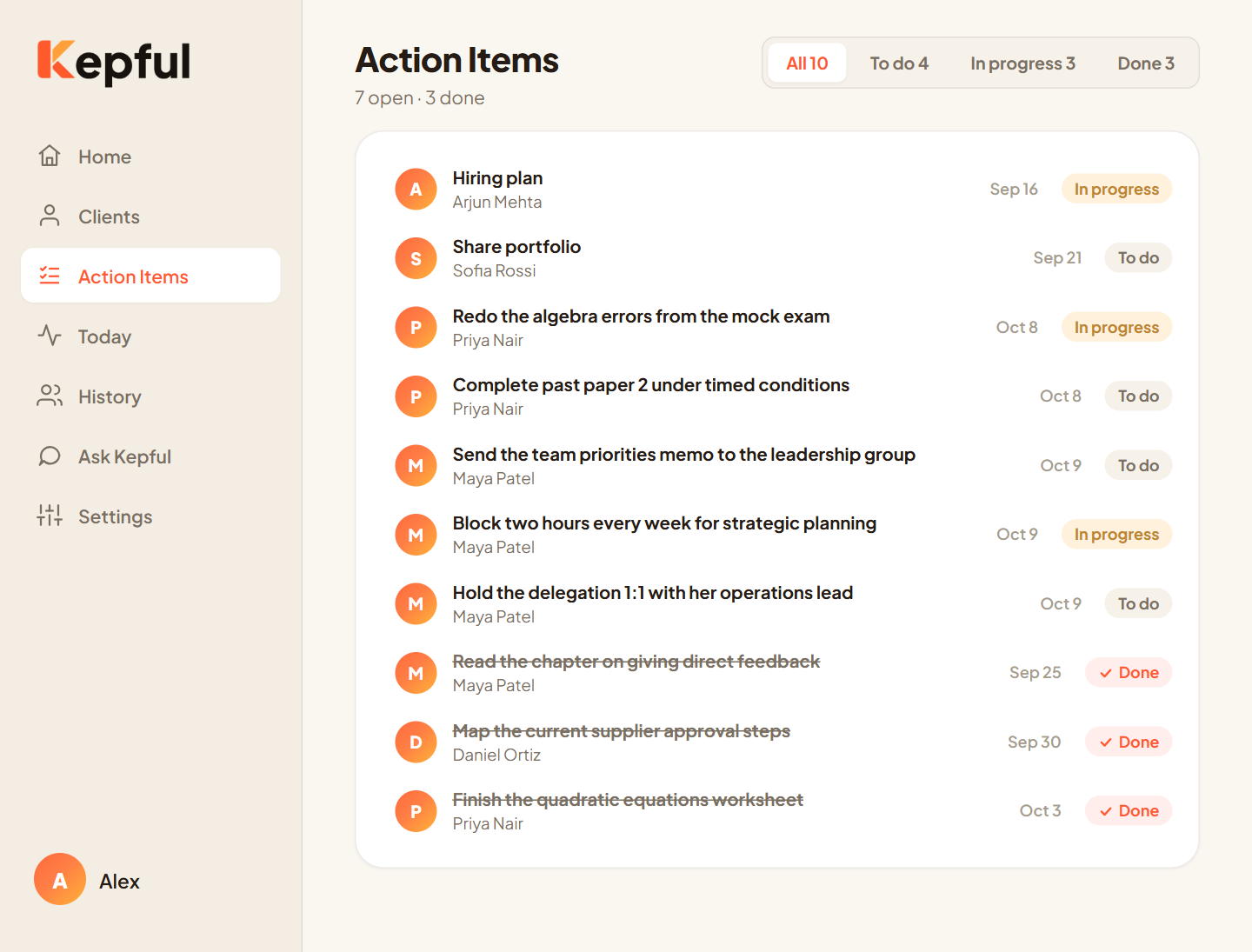 The Action Items view listing every task with its client, date and status: To do, In progress or Done.
