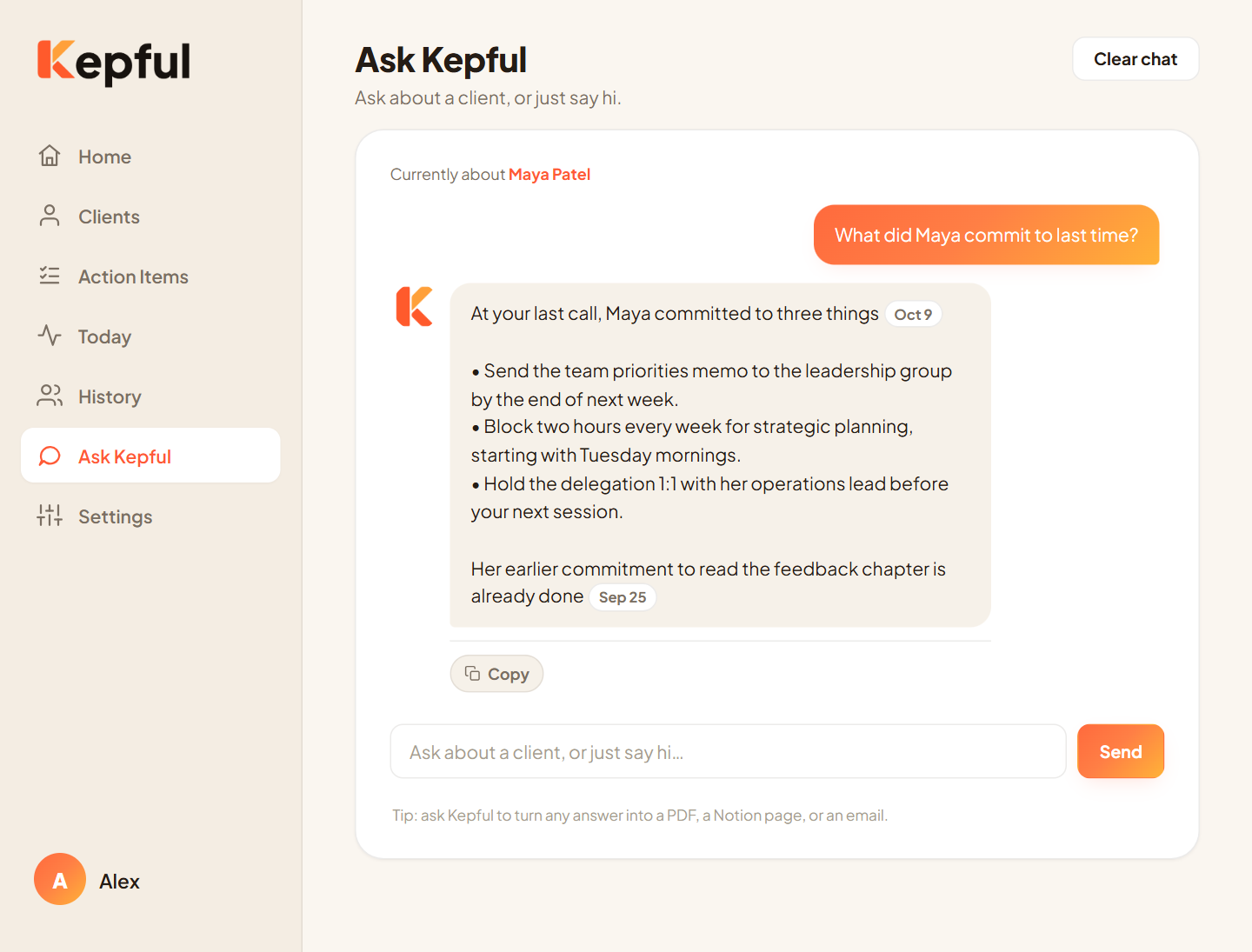 Ask Kepful answering what Maya Patel committed to last time, with the meeting date shown next to each answer.