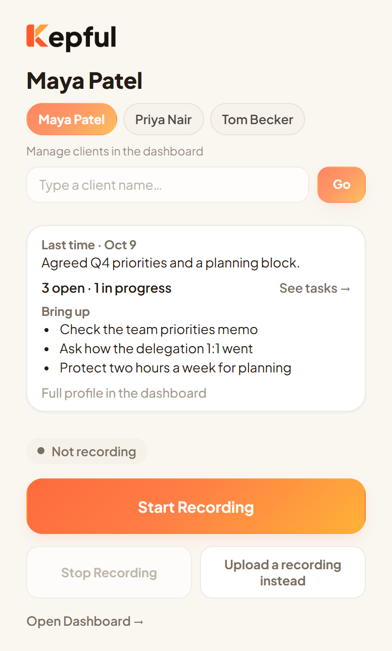 The Kepful popup before a call with Maya Patel: last time she agreed Q4 priorities and a planning block, three open tasks, and three things to bring up.